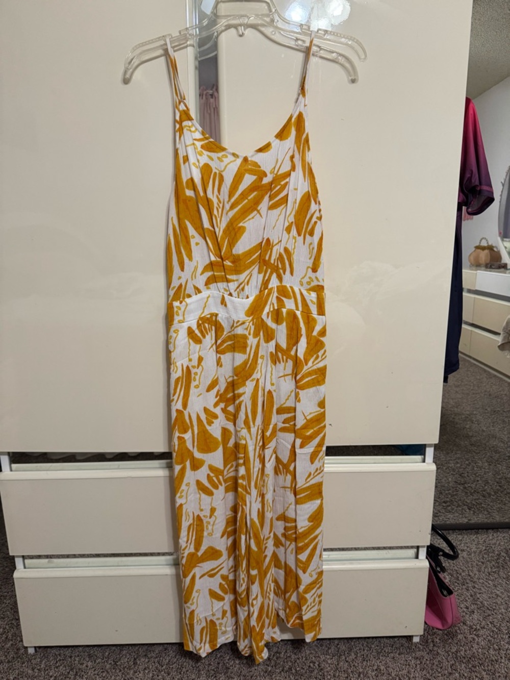 White & Mustard Leaf Print Sleeveless Jumpsuit